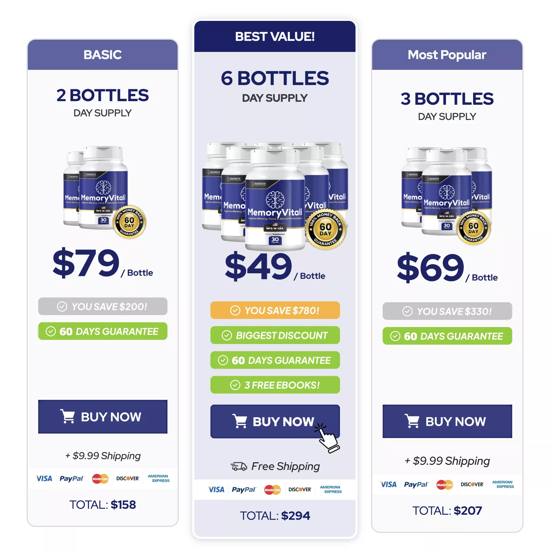 MemoryVitali Pricing Options - 2, 3, or 6 Bottles